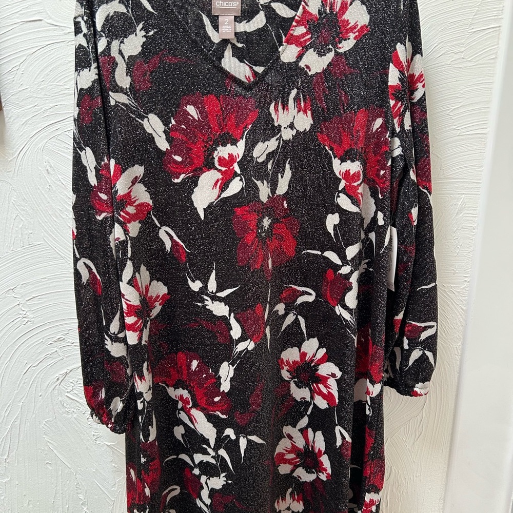 Chico's Black and Red Floral Long Sleeve Dress